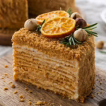 Вертикальний знімок з апетитним шматочком багатошарового медового торта (медовика), що стоїть на дерев'яній дошці для подачі. Торт прикрашений витонченим декором: сушеними скибочками апельсина, цілими лісовими горіхами та свіжими гілочками розмарину. Його поверхня покрита дрібною крихтою. На задньому плані видніється решта торта, що створює затишну атмосферу.