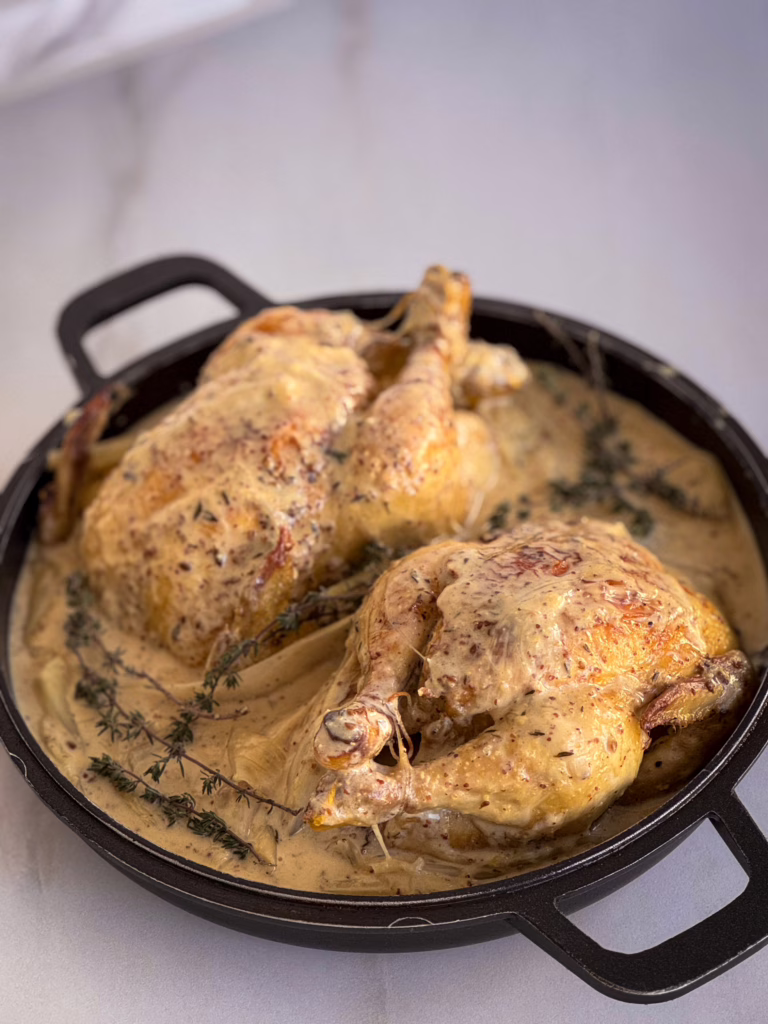 Золотисті запечені курчата у вершковому соусі на матовому керамічному блюді, сервірування у стилі тихої розкоші cookittwice.
