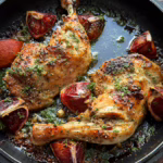 Сервірування запечених курячих ніжок з кривавим апельсином у вінтажній керамічній формі, CookItTwice стиль.